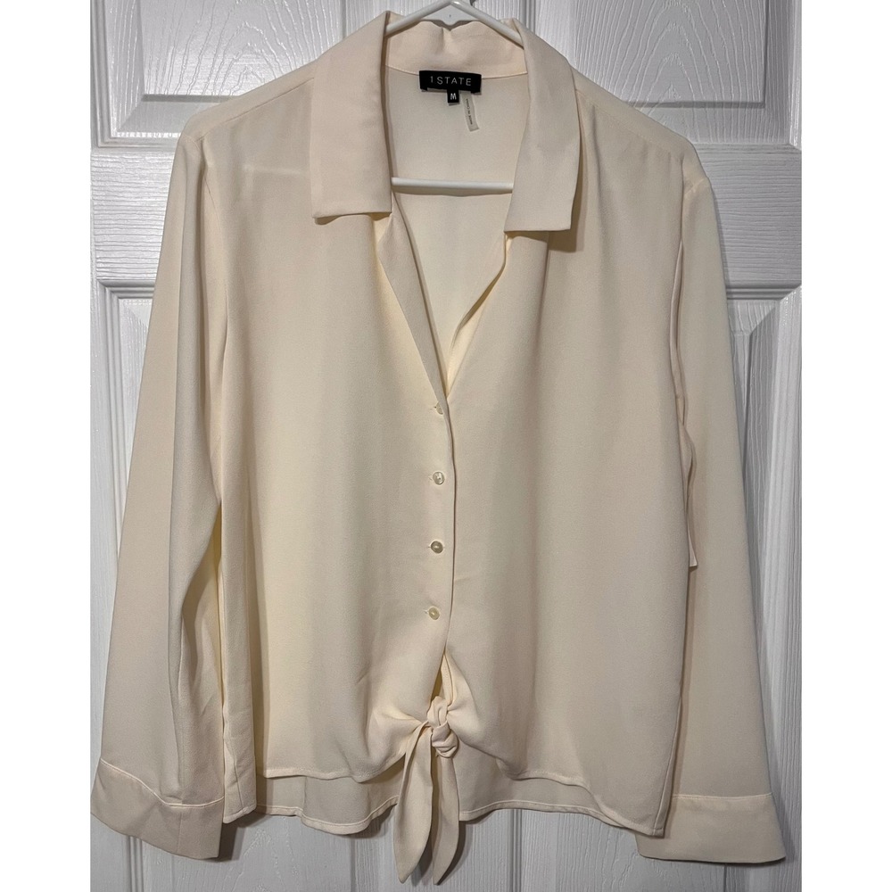 1.STATE Heritage Bloom Antique White Tie Front Button Down Blouse Size M NEW